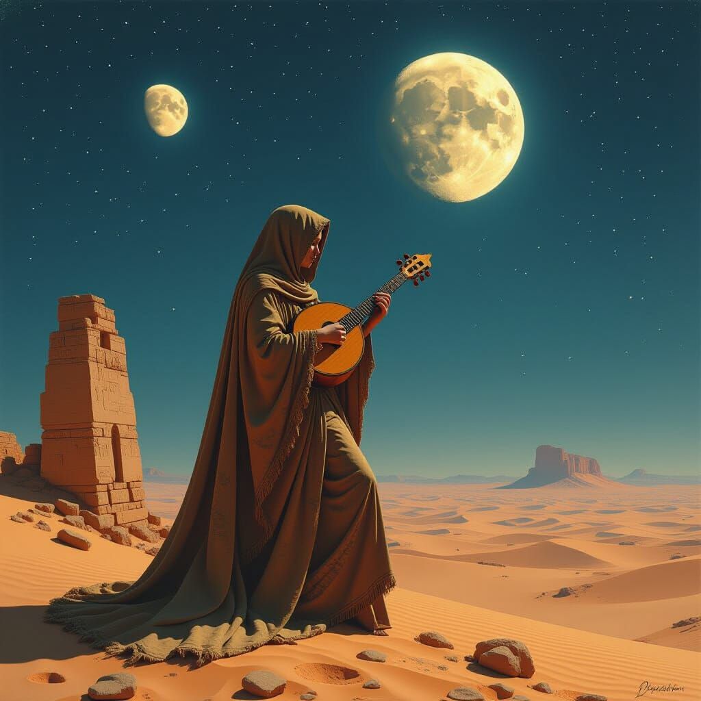 Nomad Woman Plays Music on Ancient Ruin Under Starry Desert ...