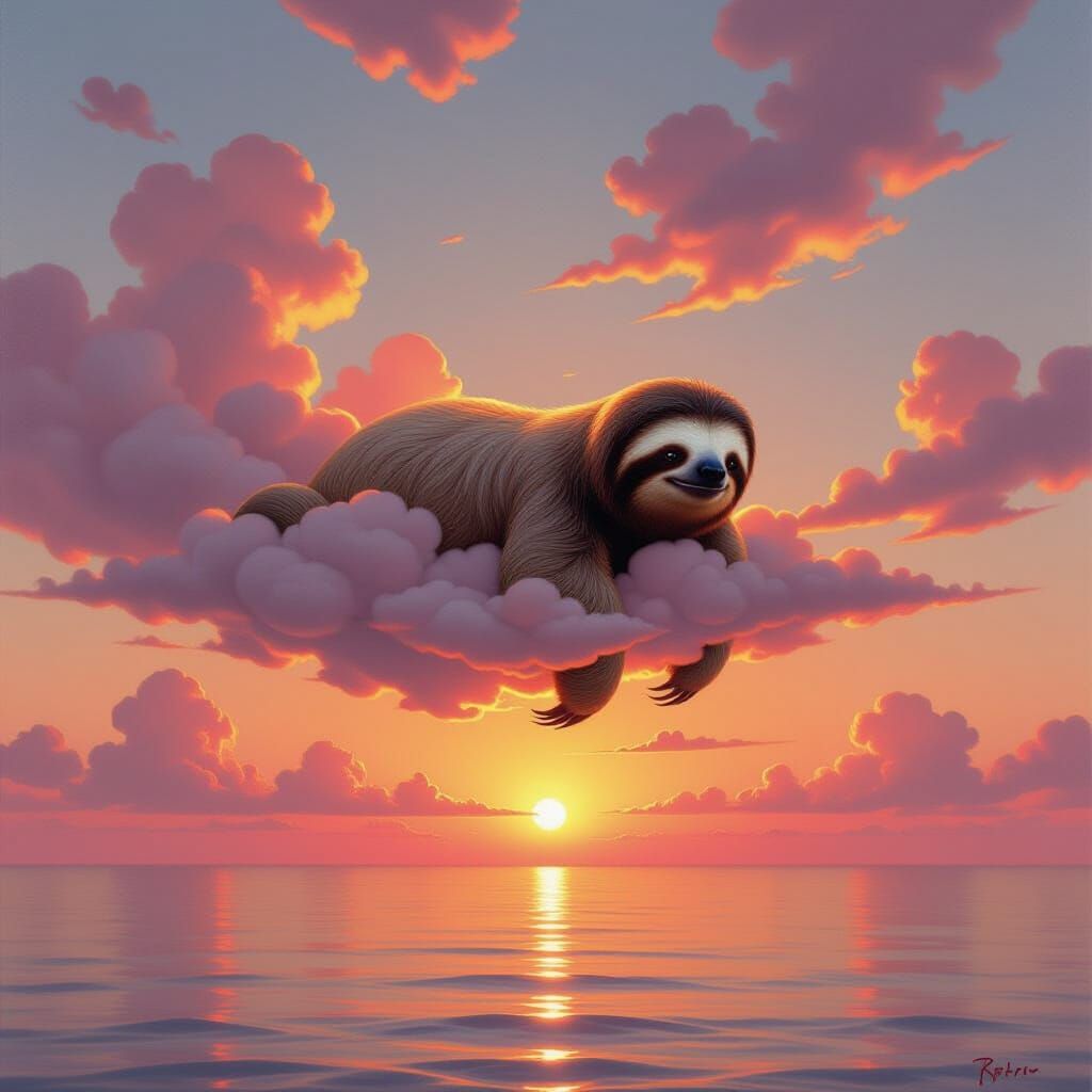 Surreal Cloud Sloth Drifting in Sunset Sky Oil Painting