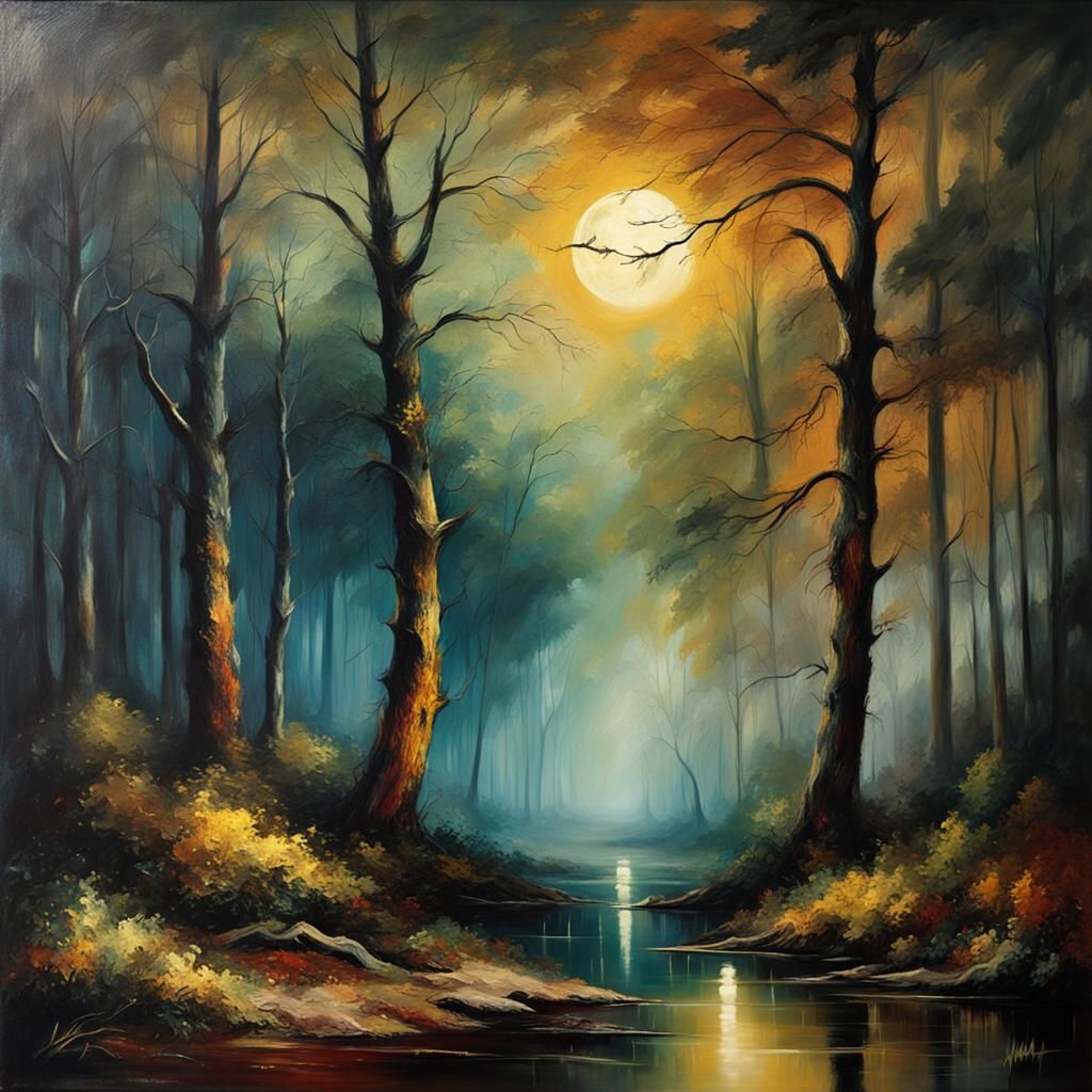 Mystical Moonlit Forest in Romantic Style