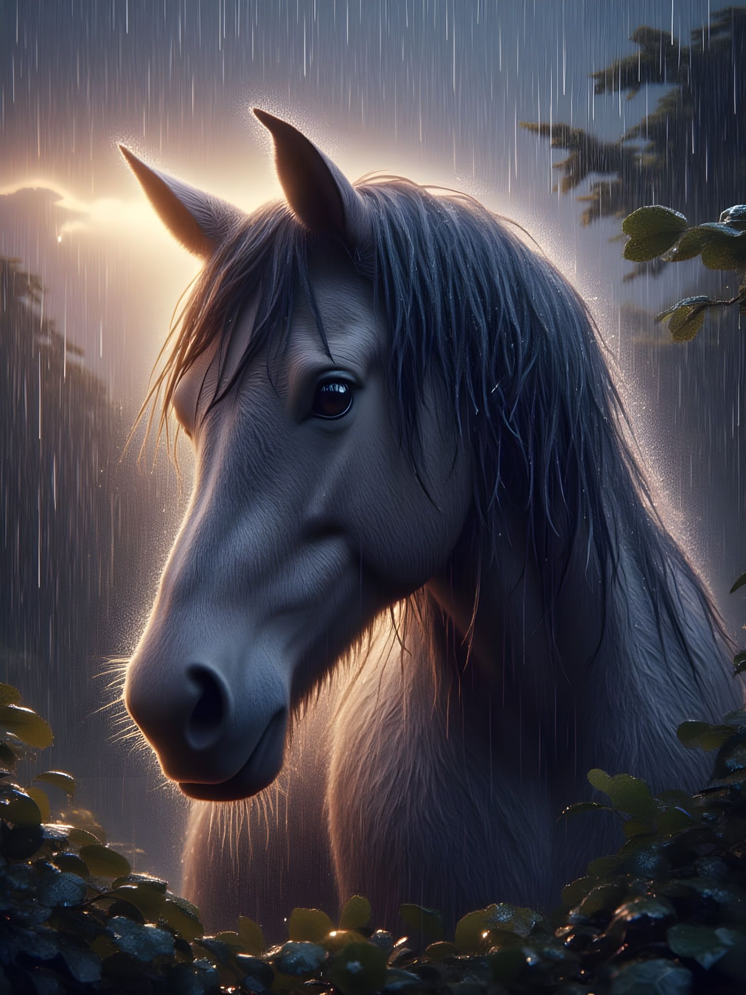 Blue Roan Mustang Horse Seeking Shelter in Golden Hour Rain