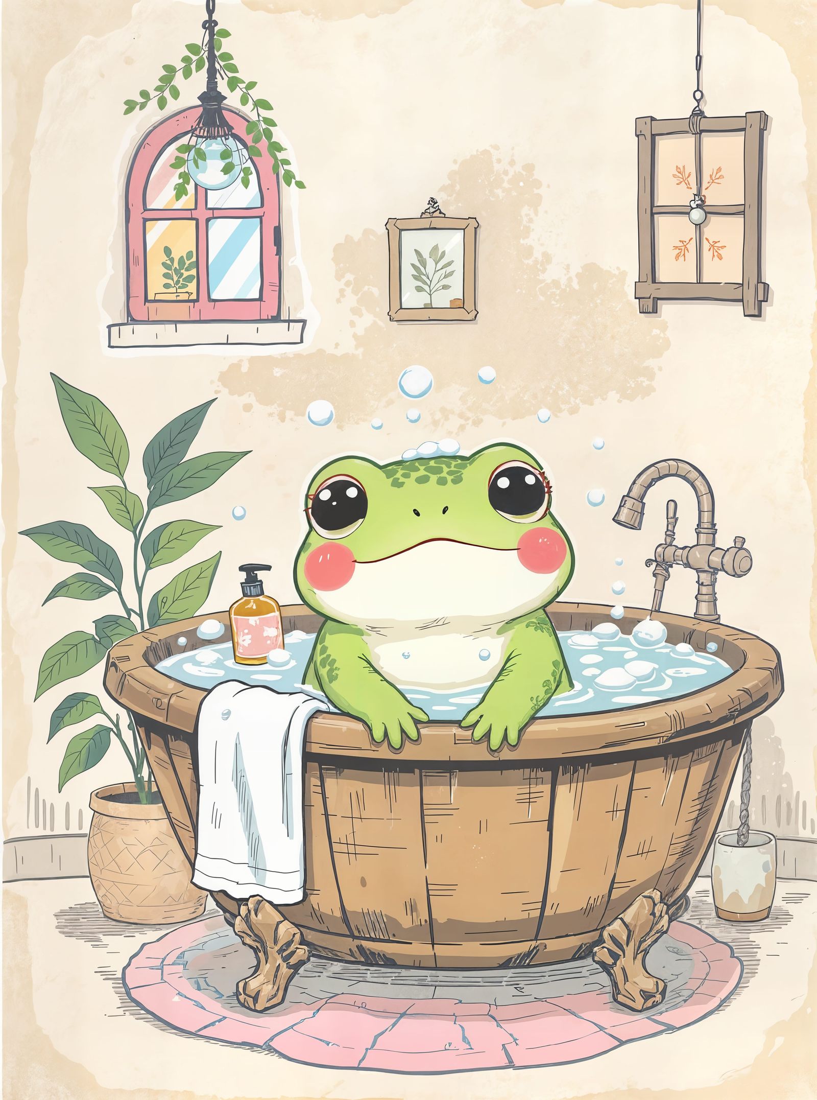 Cute Anthro Frog Bathing in Ukiyo-e Style