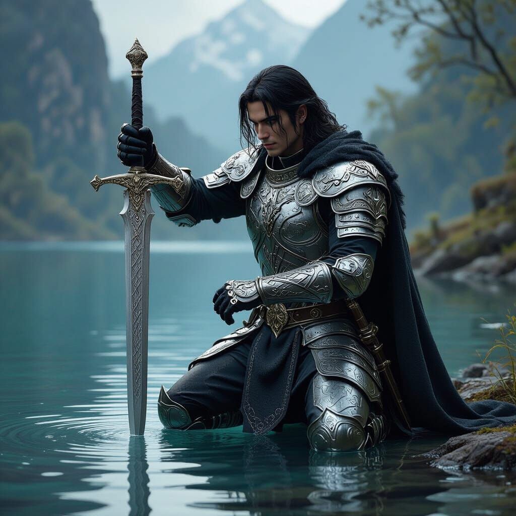 Knight with Excalibur Before Mystical Lake, in 3D Anime Styl...