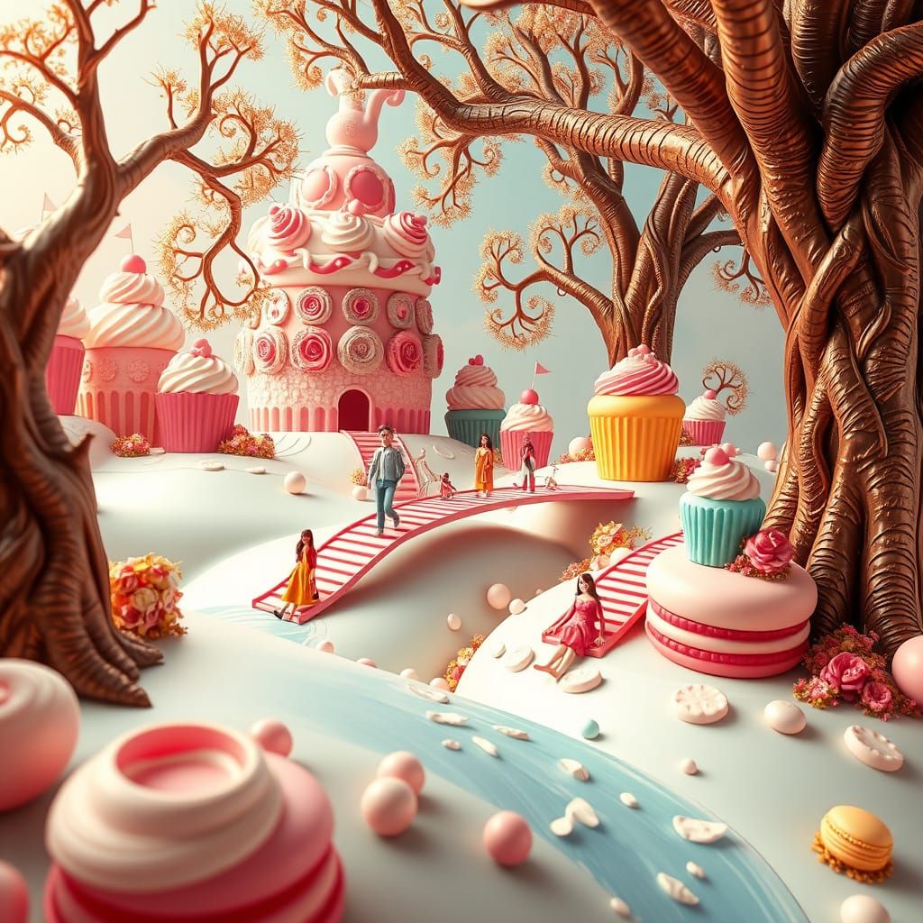 Whimsical Dessert Realm with Giant Treats and Tiny Residents