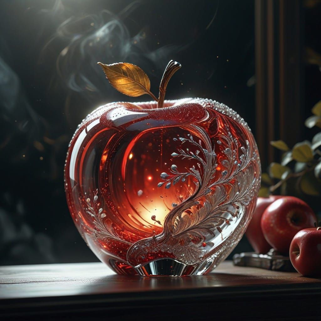 Glass Apple Sculpture with Glowing Outlines on Stage