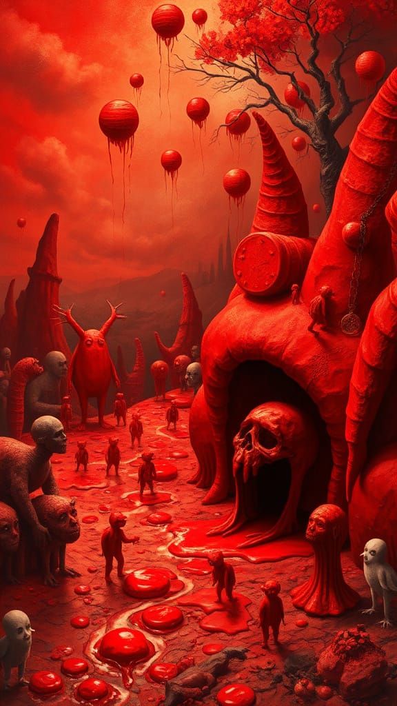 Surreal Red Landscape with Whimsical Figures and Melting Obj...