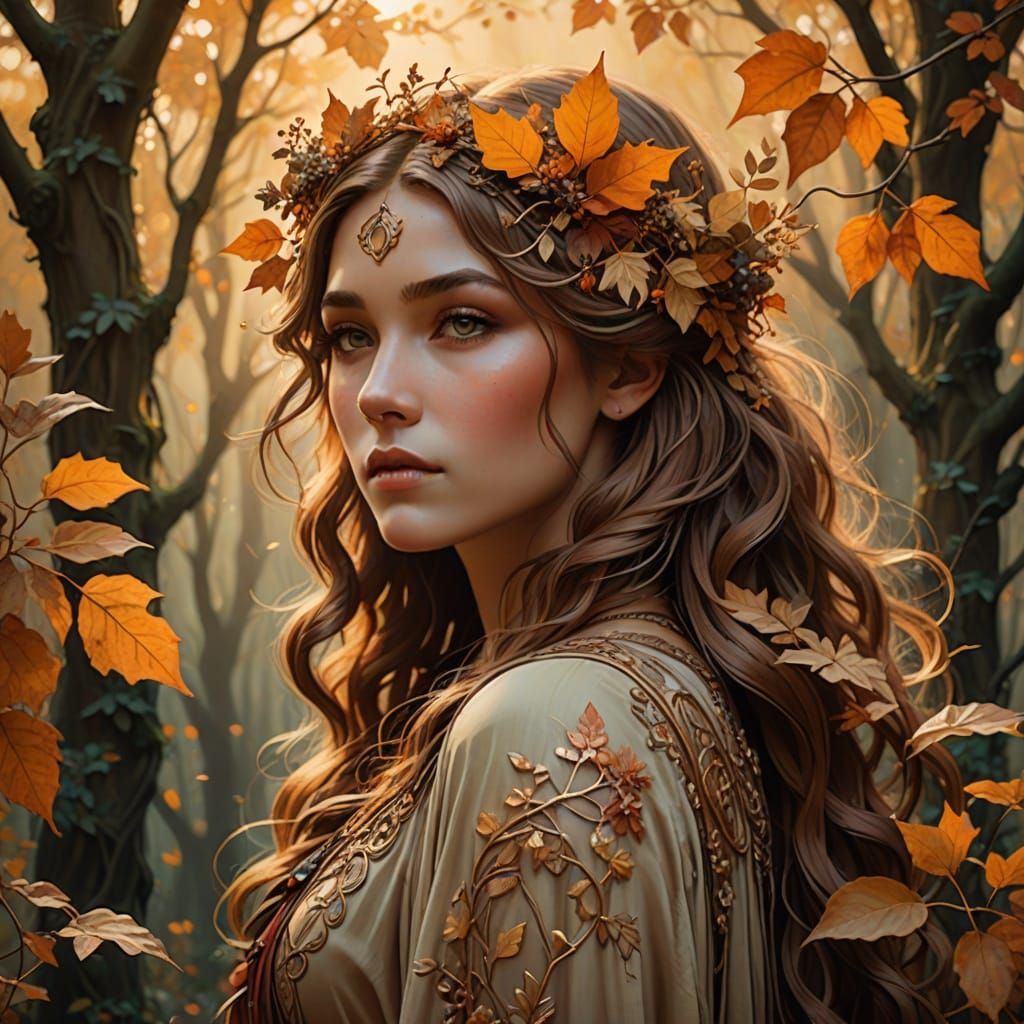 Art Nouveau Autumn Goddess in Mystical Forest