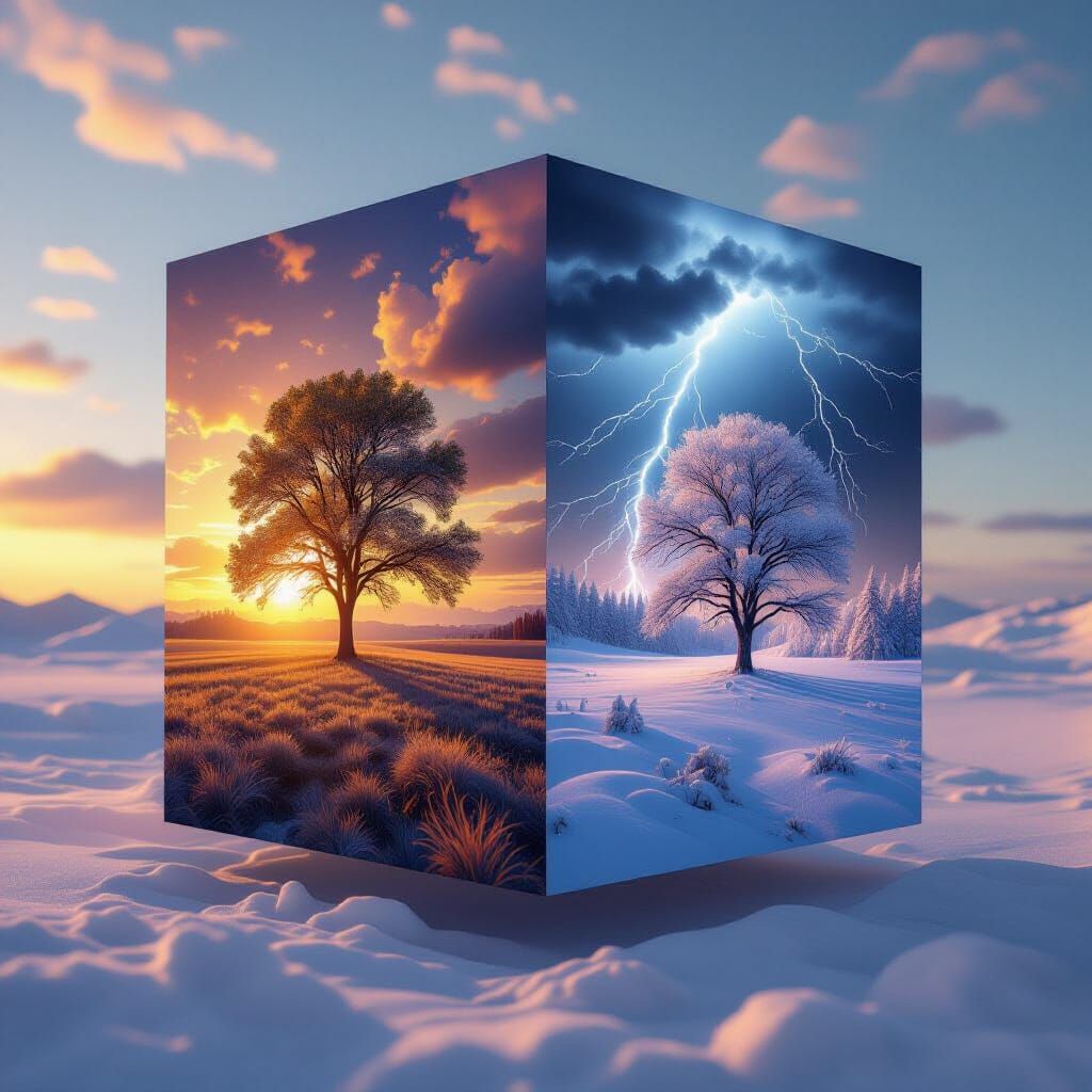 Weather Cube: Tree in Sun, Storm, and Snow