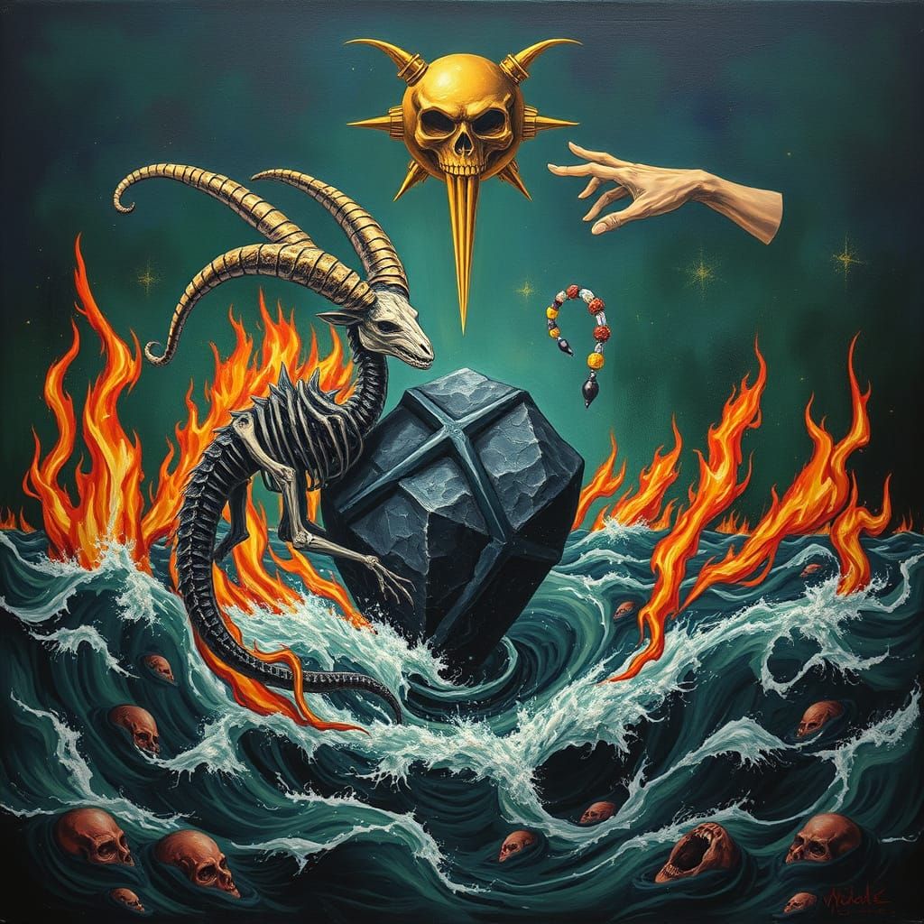 Gothic Sea-Goat Familiar in Psychedelic Sea Storm