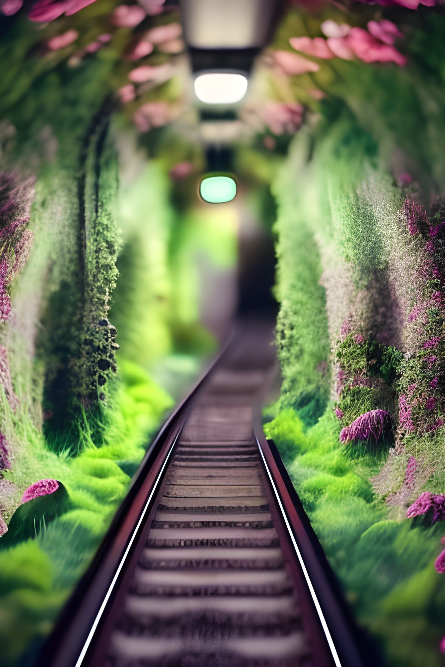 Eerie Floral Train Interior at Midnight