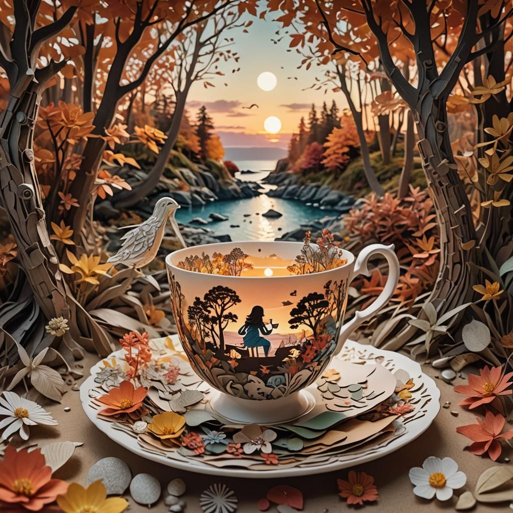 Magical Teacup with Autumn Beach Scene