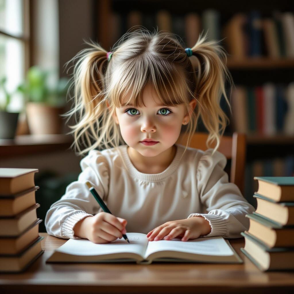 Focused Girl Writing in Textbook Amidst Books