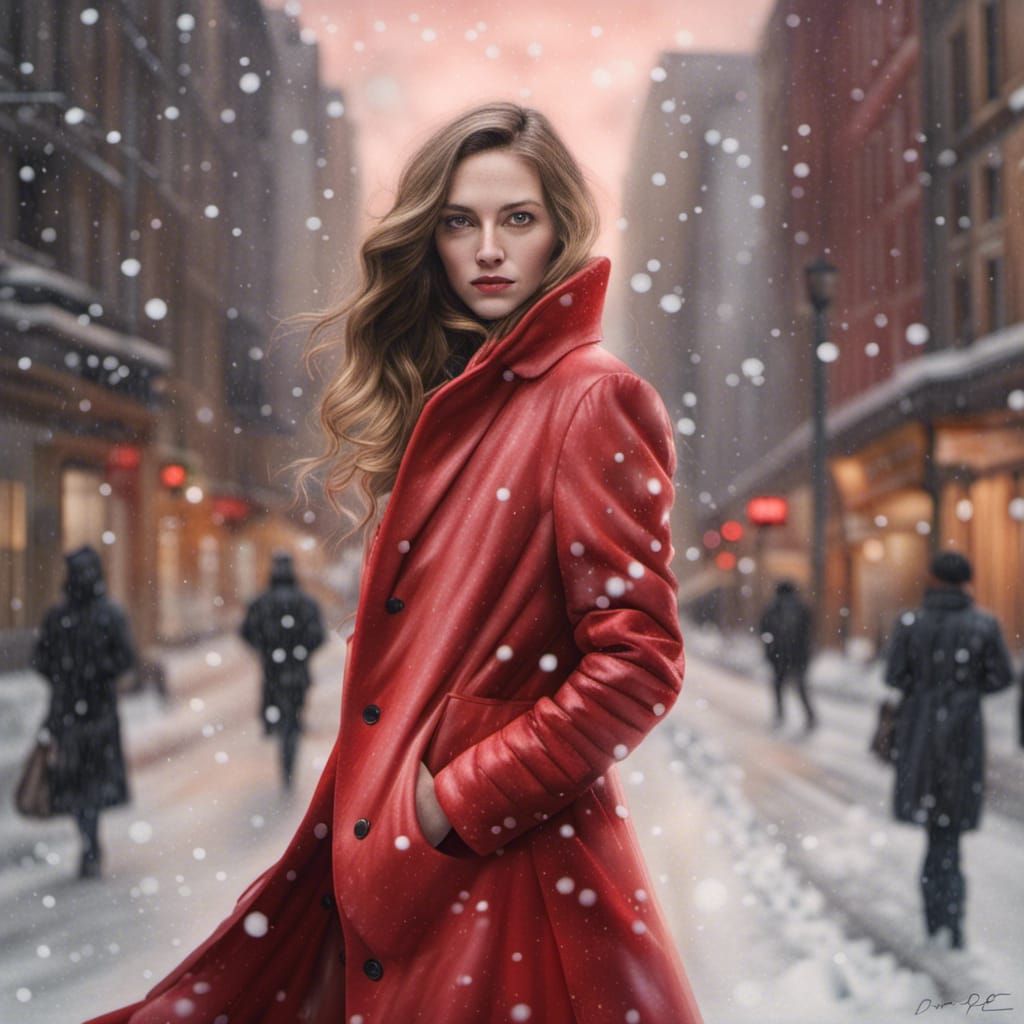 Snowy City Portrait of Woman in Winter Coat