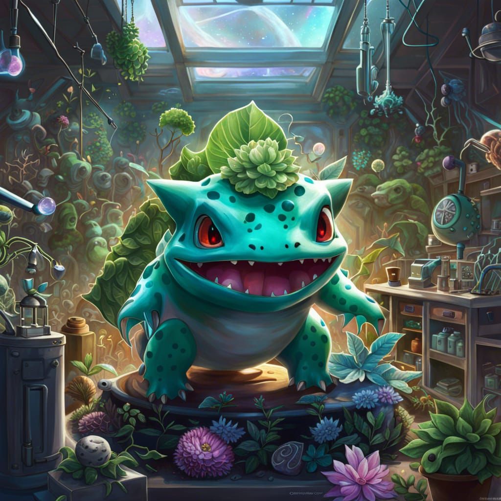 Cybernetic Bulbasaur Portrait in Cosmic Lab