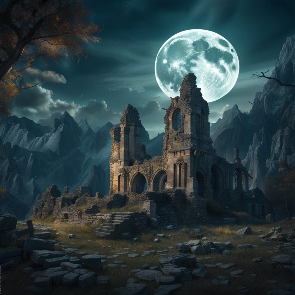 Mystical Medieval Ruins Under Full Moon: Digital Matte Paint...
