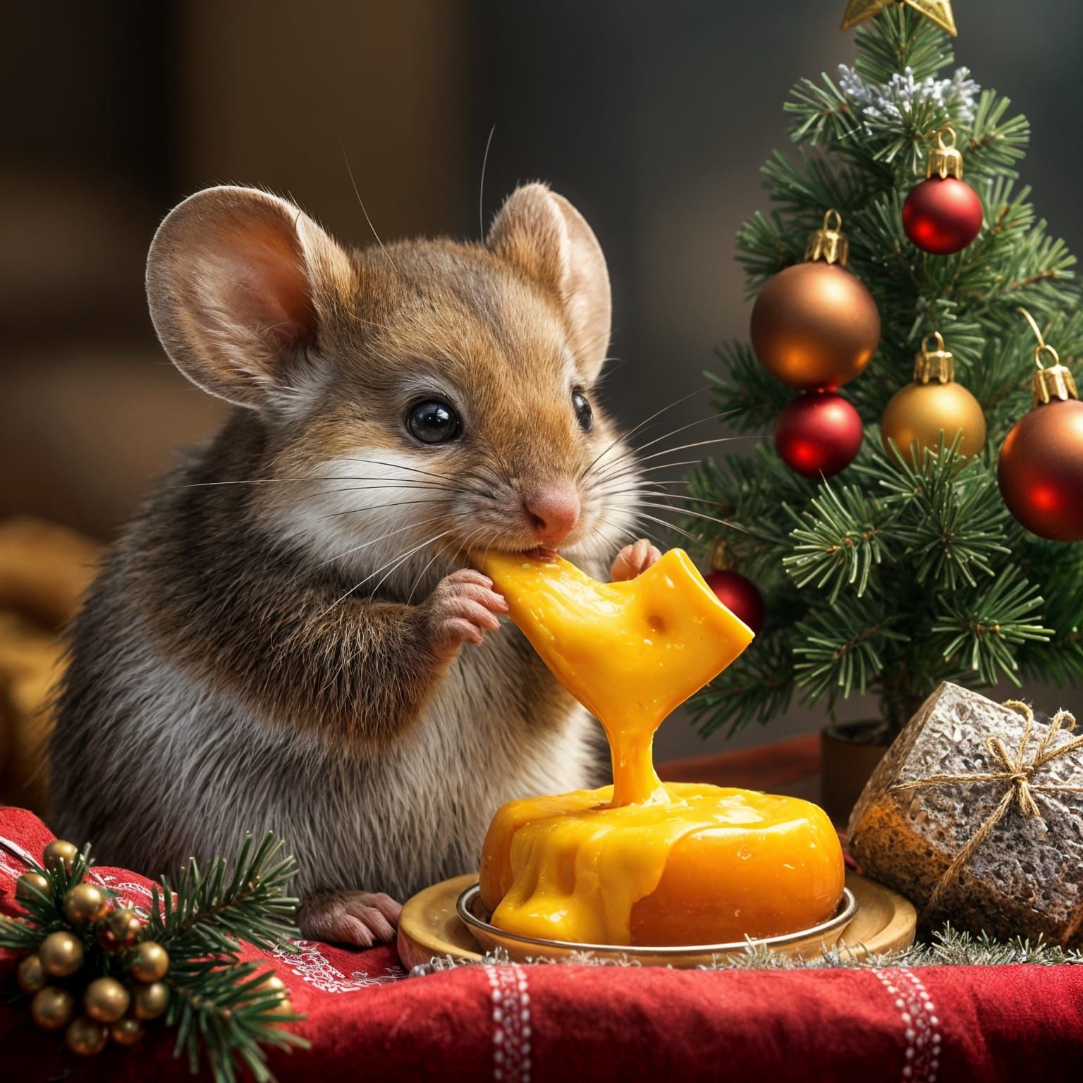 Joyful Mouse Savoring Cheese Fondue Amidst Christmas Cheer