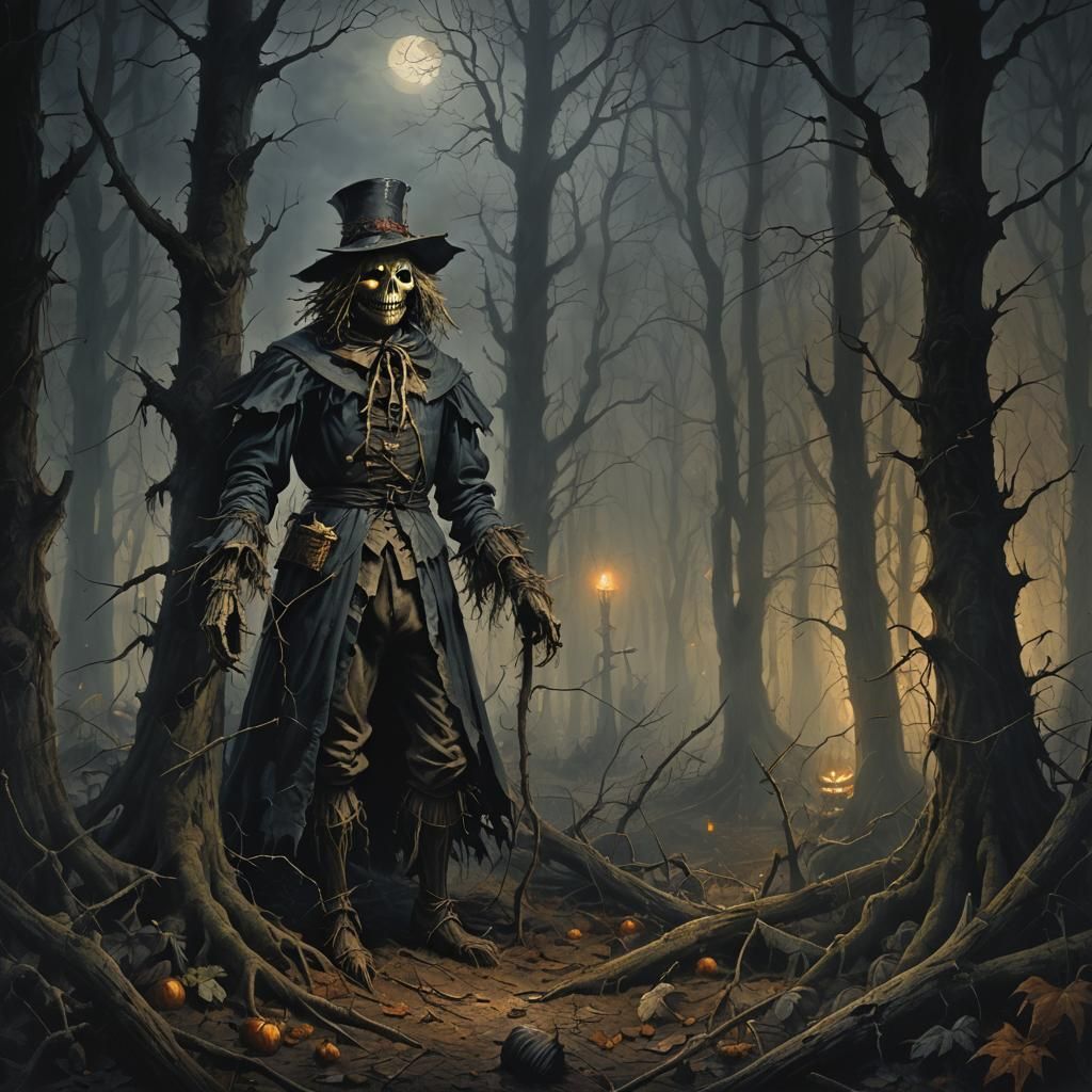 Spooky Scarecrow in Dark Halloween Forest