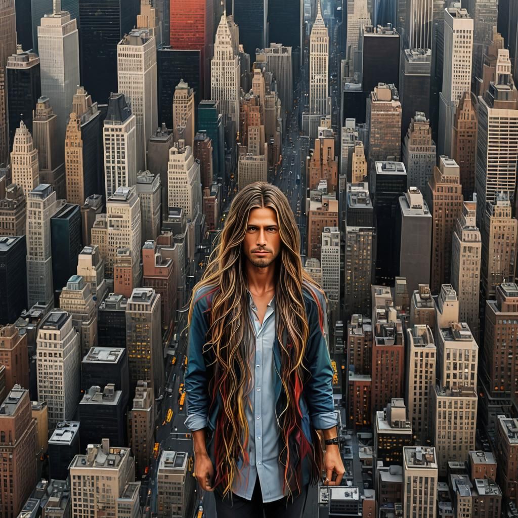 Hyperrealistic Manhattan with Very Long Hair