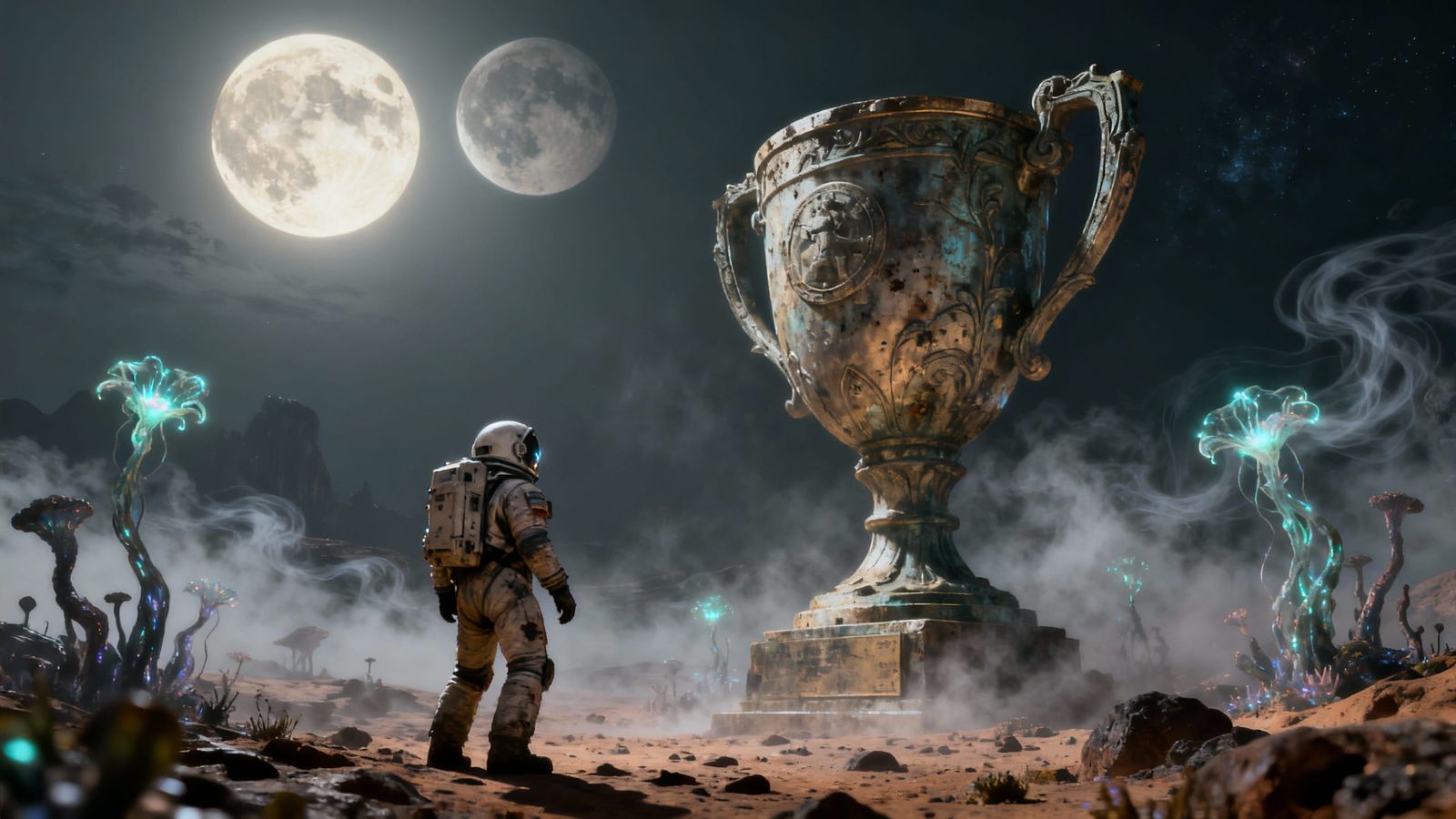 Astronaut Finds Giant Trophy on Alien Planet with Twin Moons