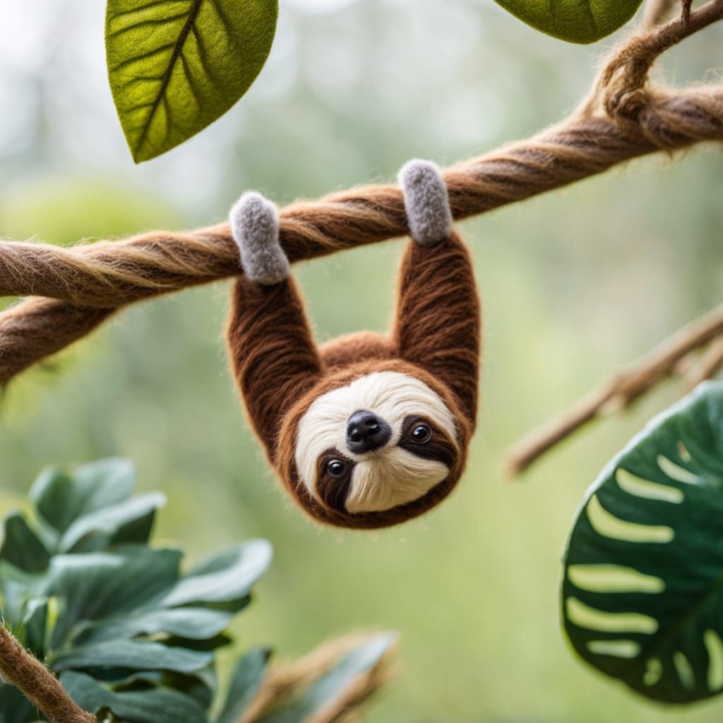 Cute Felt Sloth in Felted Rain Forest