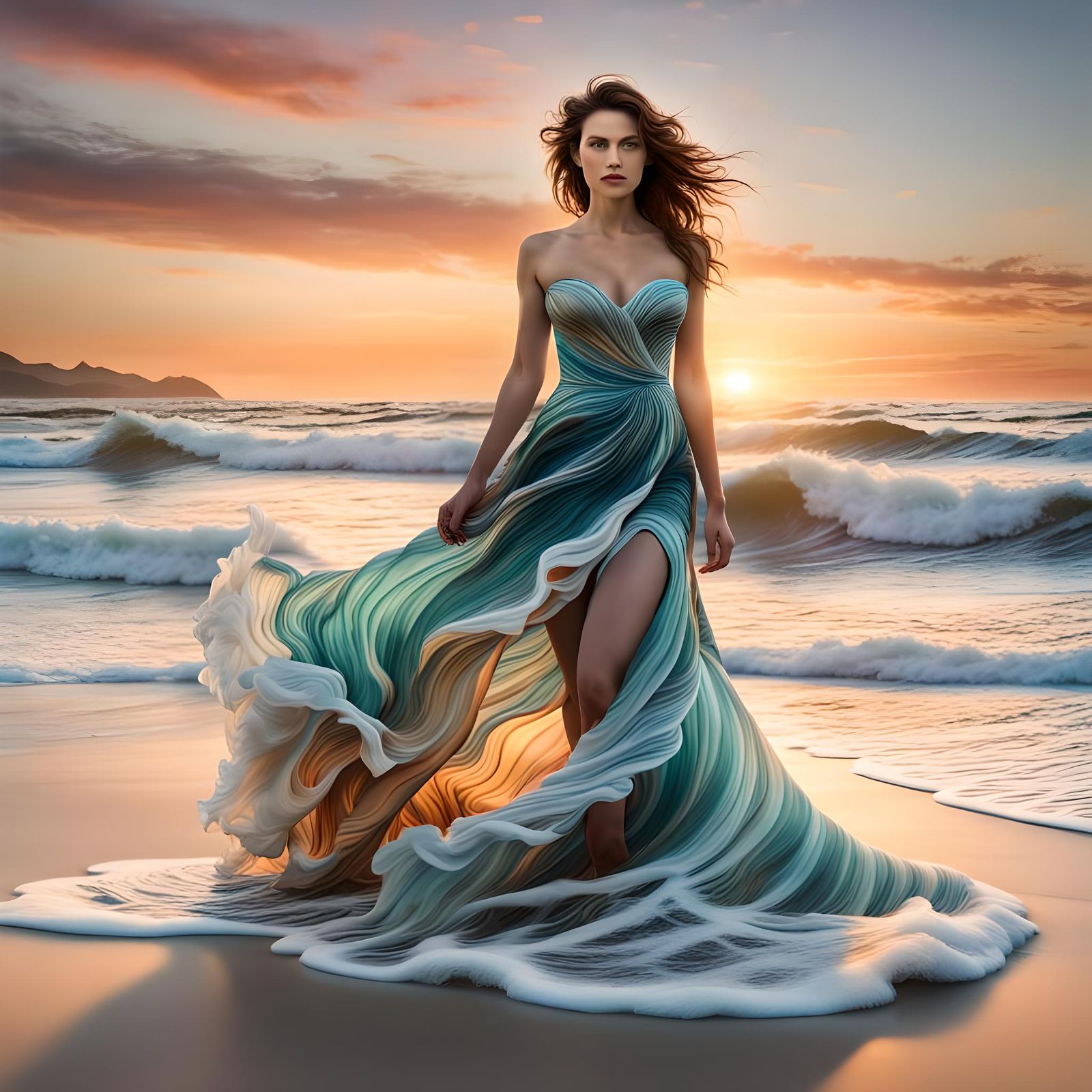 Ocean Wave Dress on Beach at Sunset