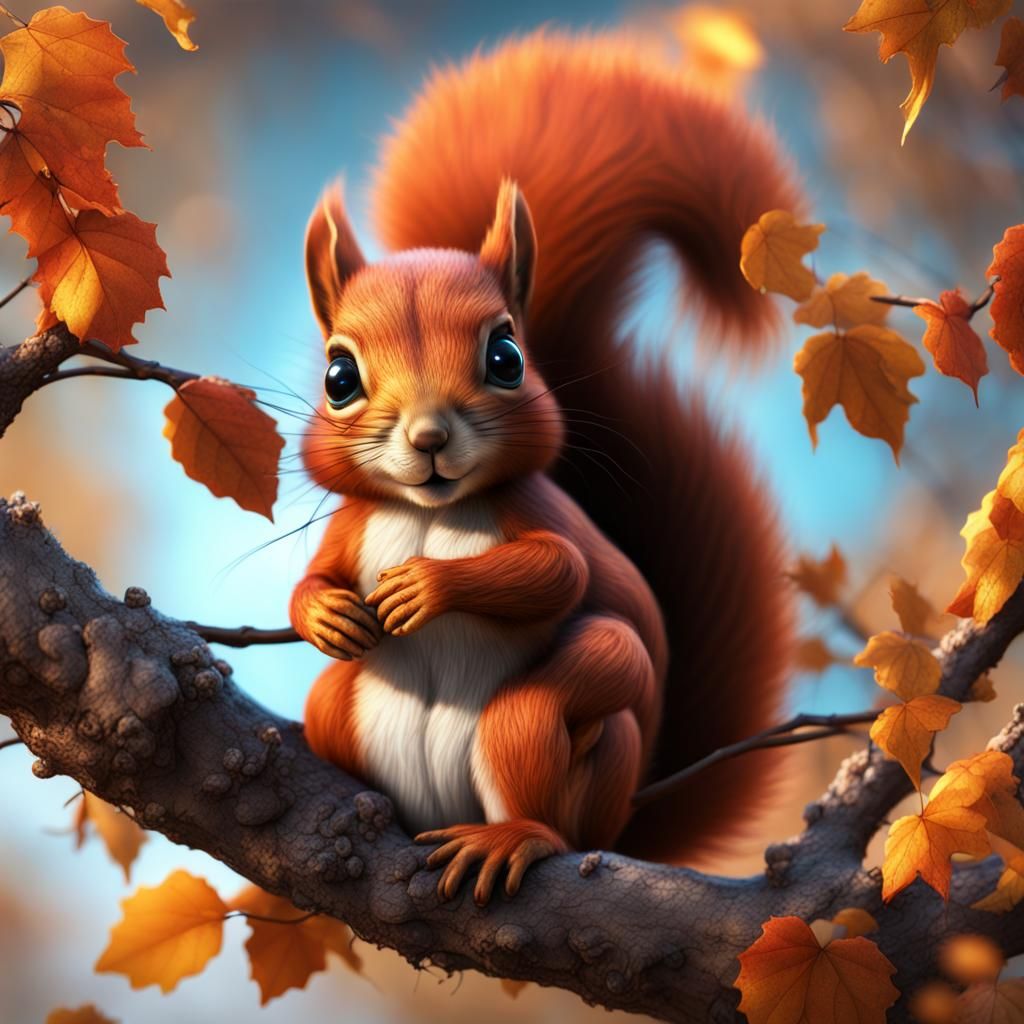 Cute Squirrel in Autumn Tree: Fantasy Concept Art