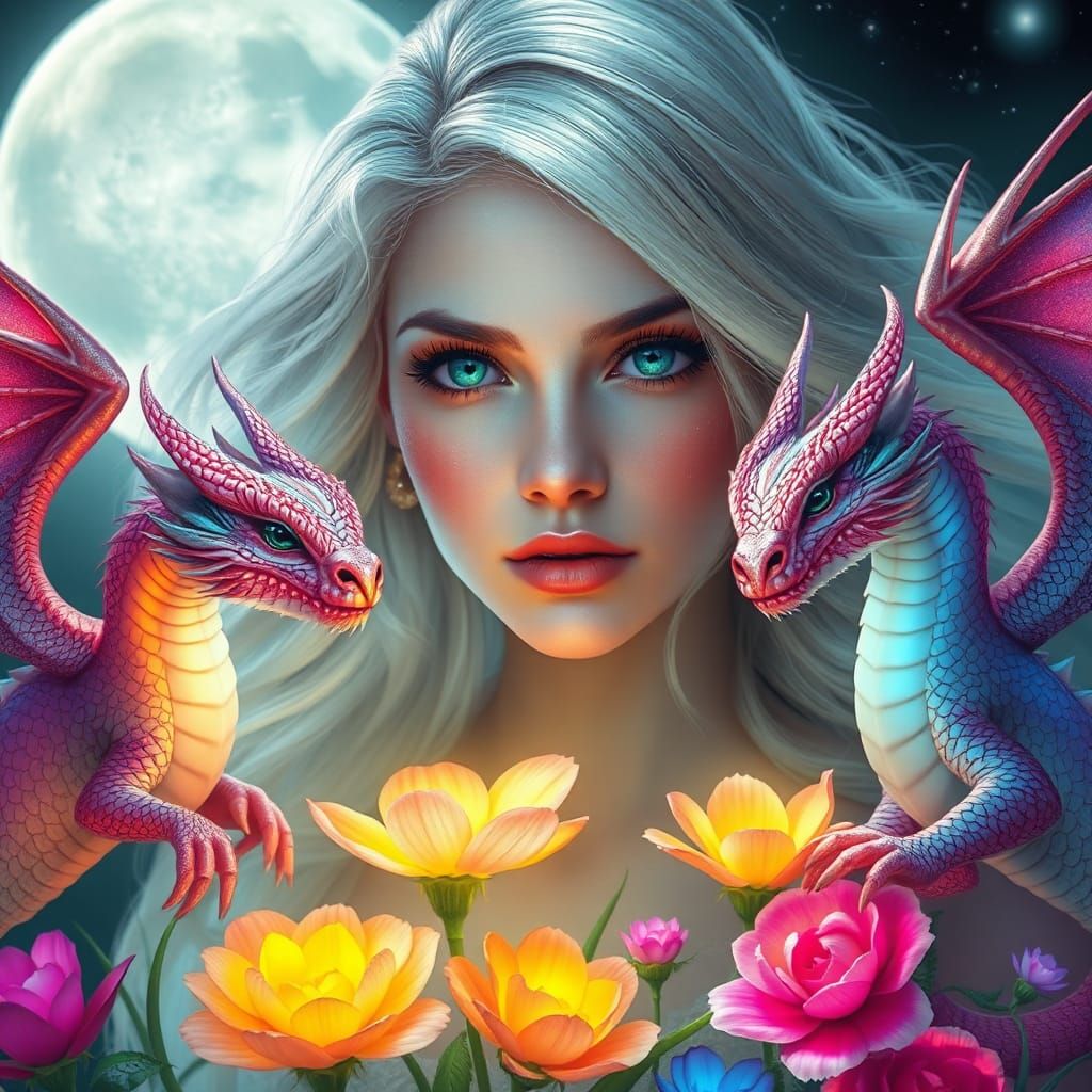 Ethereal Moon Goddess with Dragons in Futuristic Realism