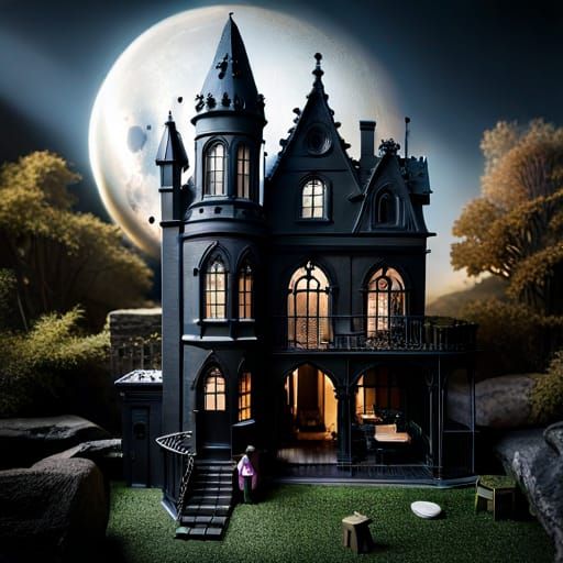 Gothic Black Dollhouse with Miniature Witch
