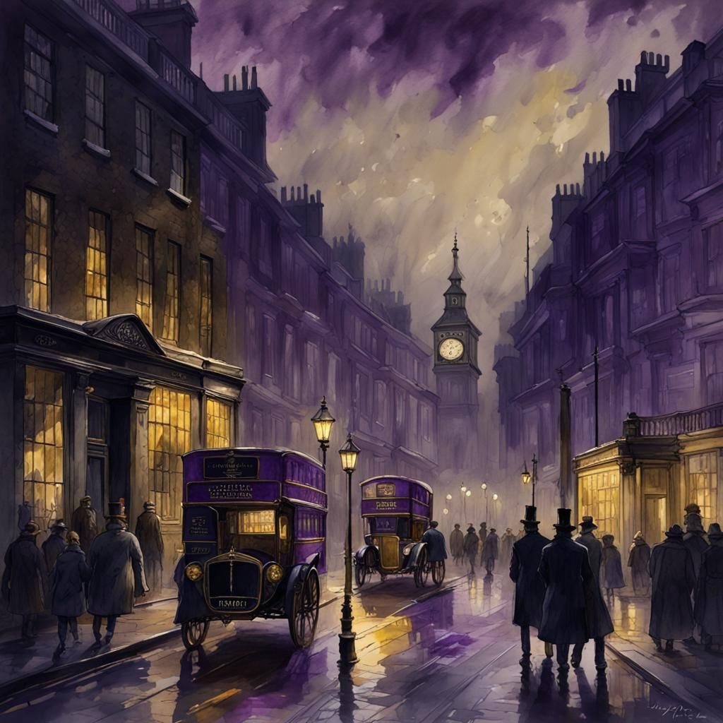 London Night, 1860, in Watercolor Style