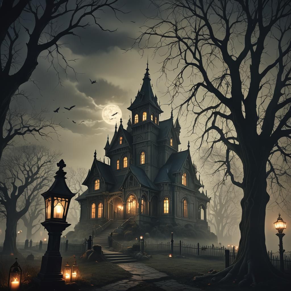 Haunted House and Cemetery in Dark Fantasy Style