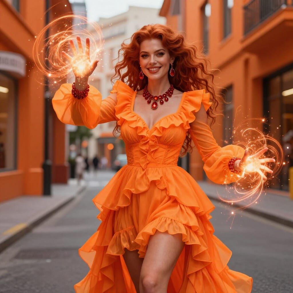 Enchantress Weaving Orange Magic on City Street