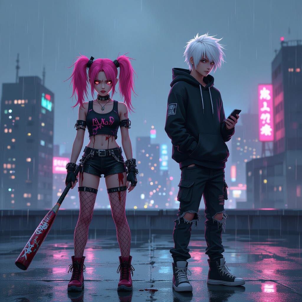 Cyberpunk Anime Siblings in Neon City Rain