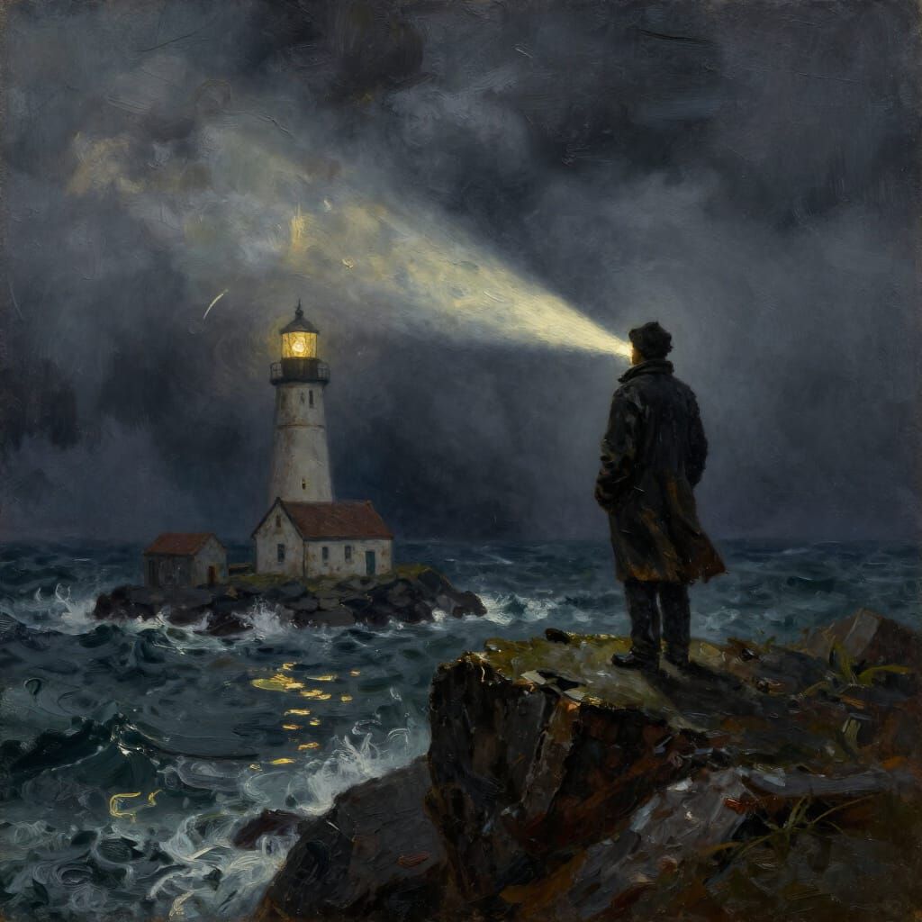 Lighthouse Keeper's Vigil: Stormy Sea and Fog Illumination