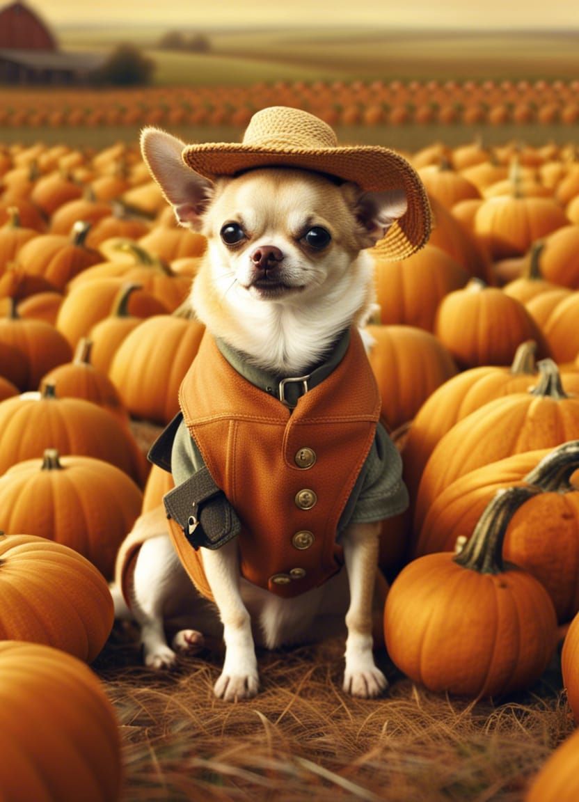 Chihuahua Farmer in Pumpkin Patch Painting