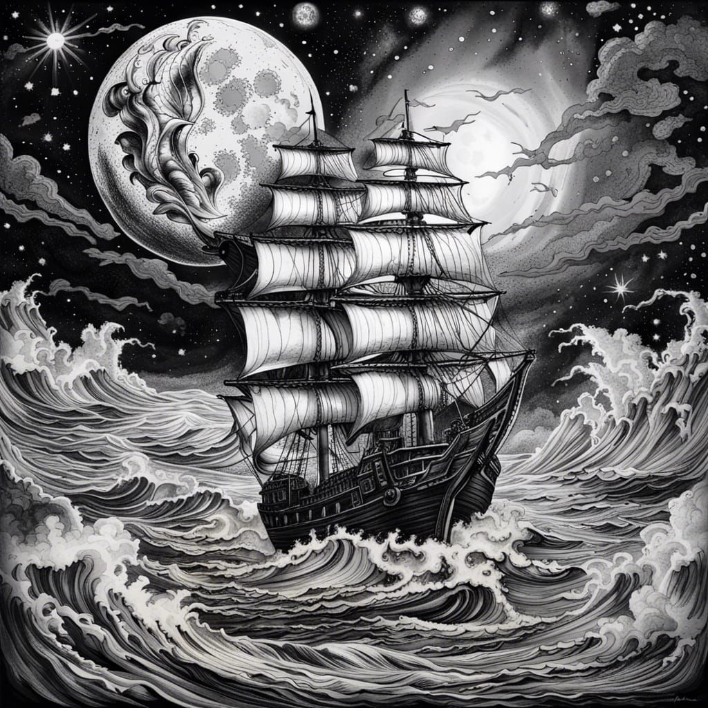 Hyperrealistic Lucifer Ink Drawing on a Pirate Ship