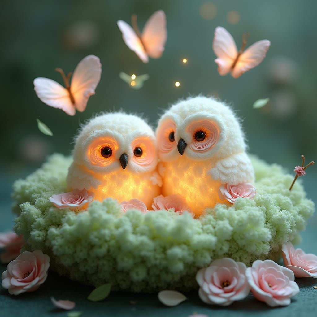 Rose Owl Chicks in Whimsical Pastel Scene