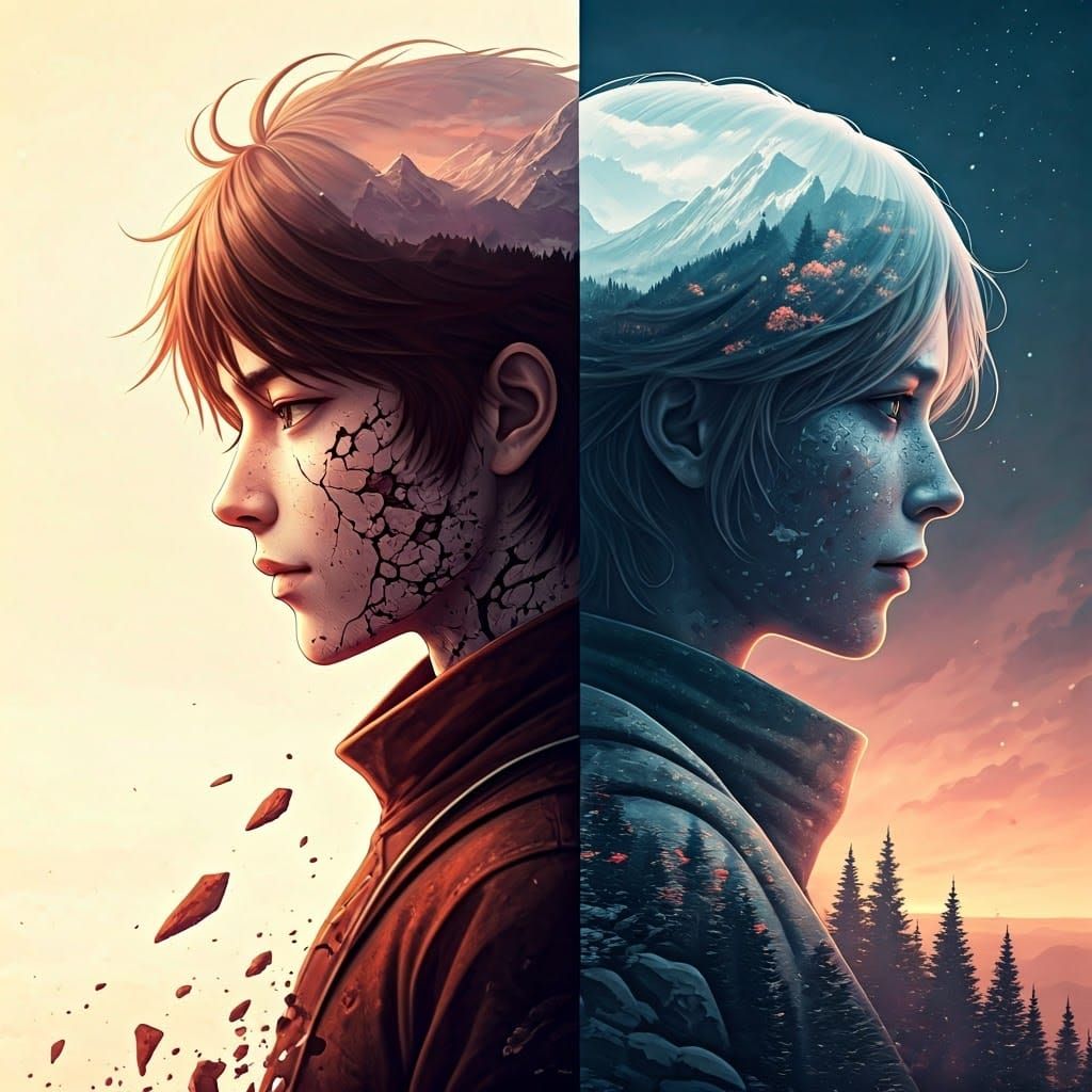 Double exposure portrait artwork inspired by manhwa. It depicts a couple embodying a broken person sitting in a shattere...