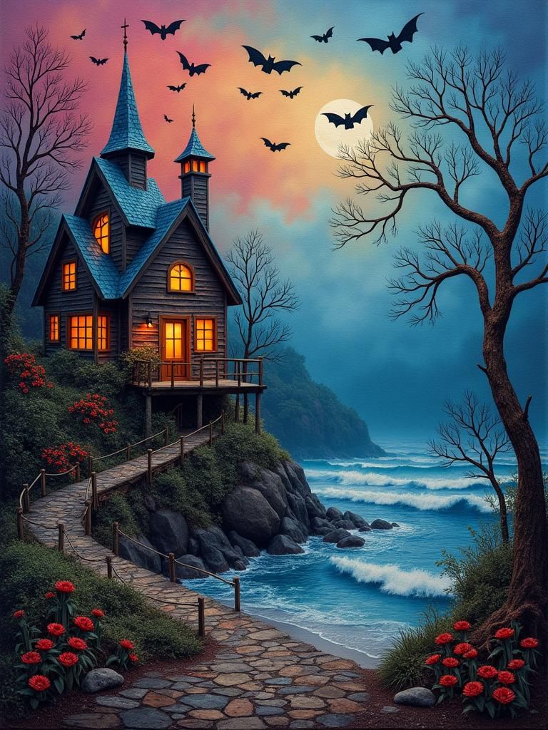 Eerie Haunted Coastal Village with Rainbow Faux Fur