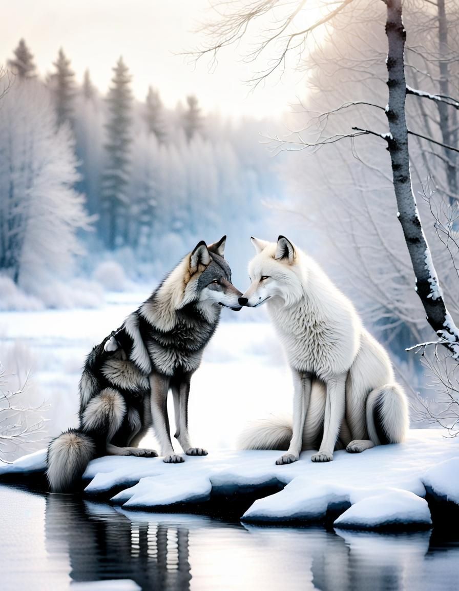 Romantic Wolves and Fox by Winter River