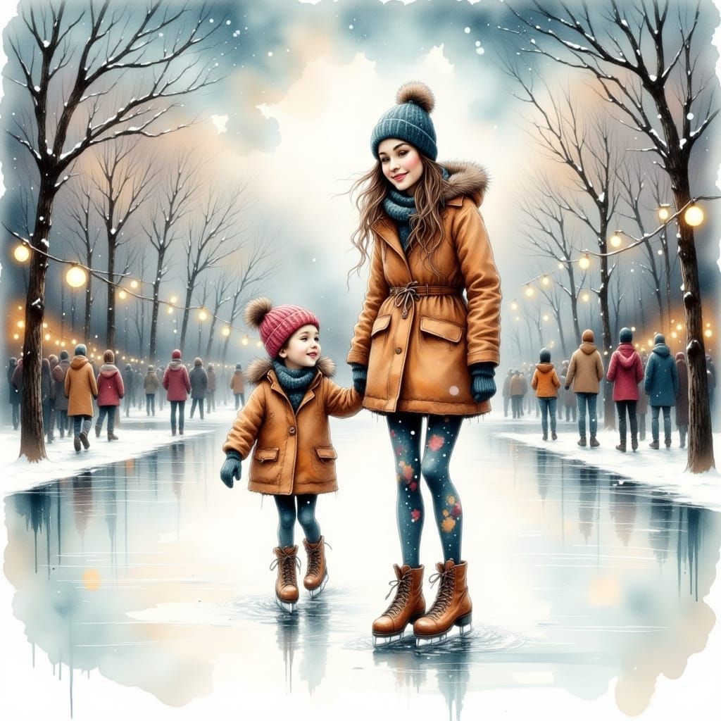 Mother and Daughter Enjoy Winter Wonderland Ice Skating Adve...