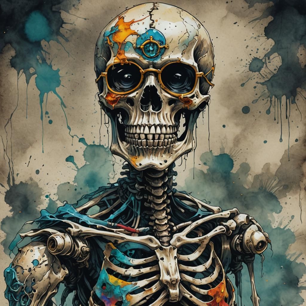 Skeleton with Eye Patch in Alcohol Ink Style