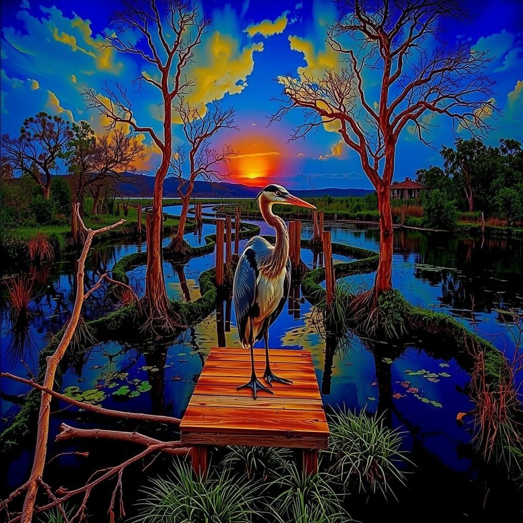 Dreamlike River Delta at Sunset with Heron