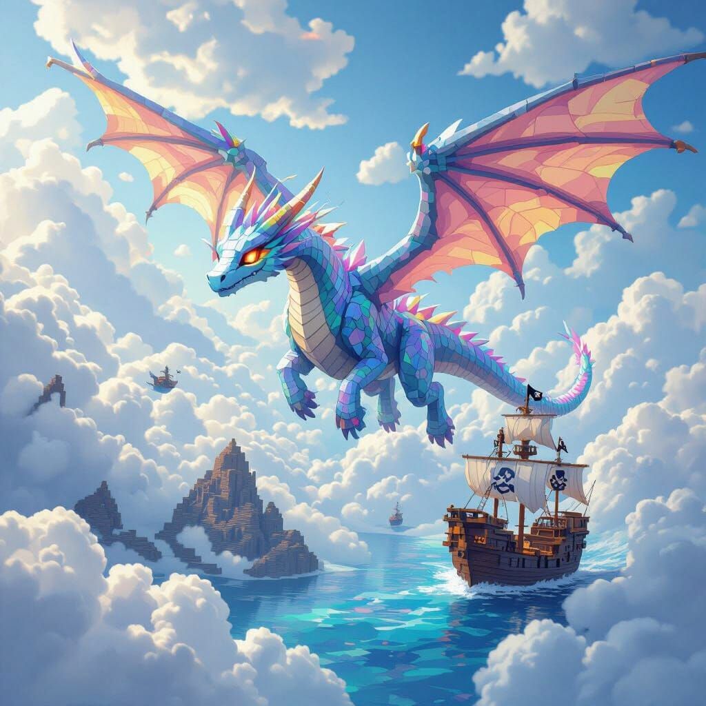 Minecraft Dragon Soaring Through Clouds in Digital Art