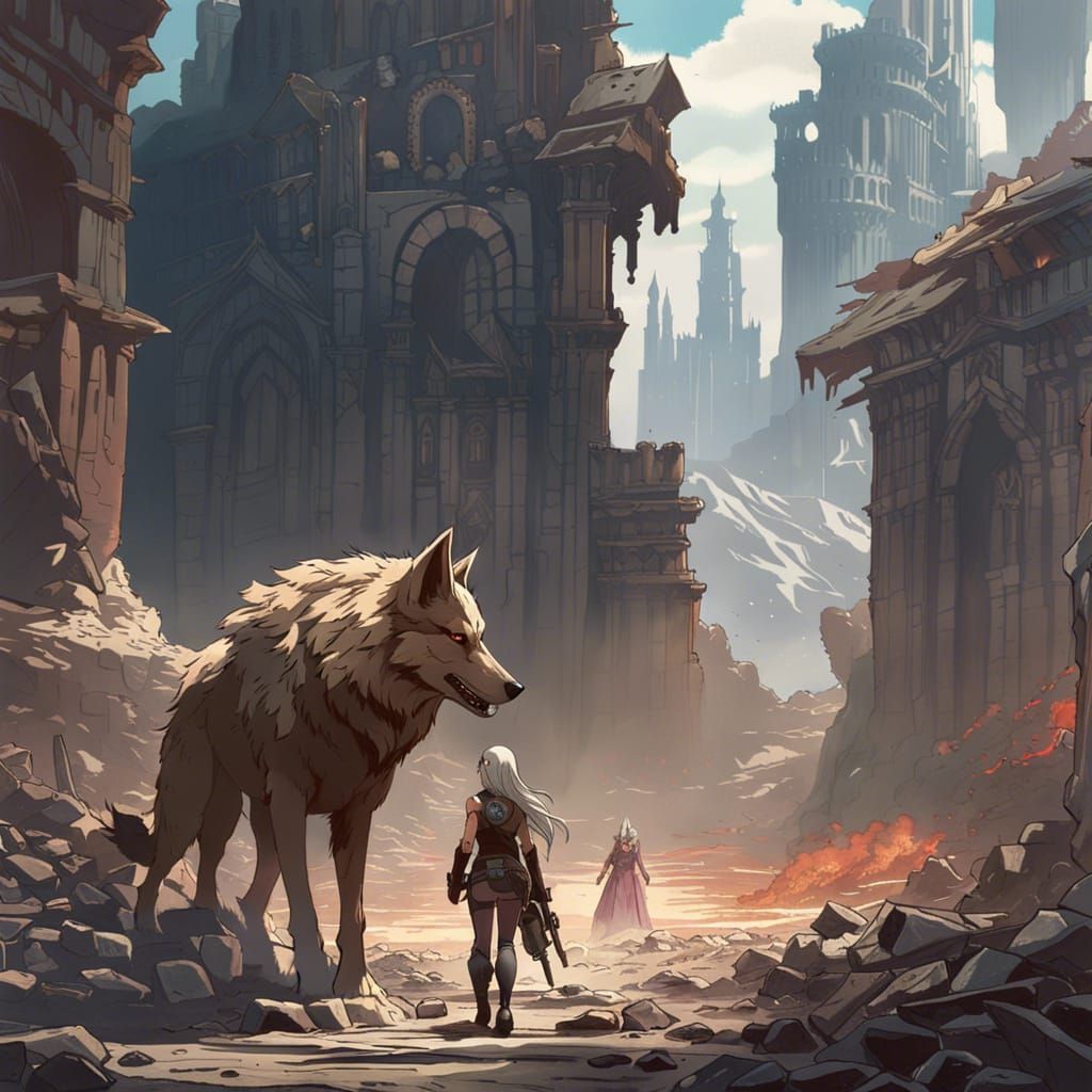 Warrior Princess and Wolf Guardian in Ruined City