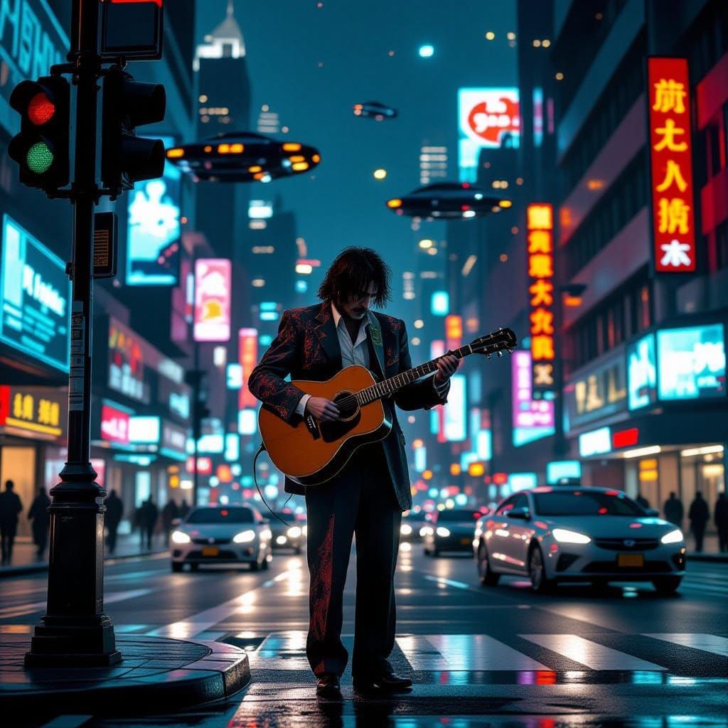 Cyberpunk Guitarist in Metropolis of the Future