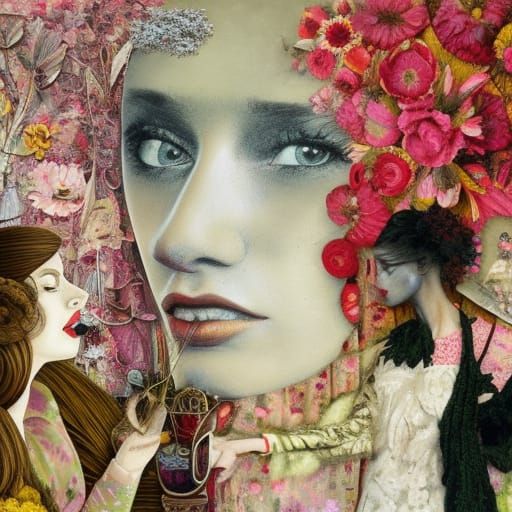 Colorful Yarn Fashion Lady in Mixed Media Art