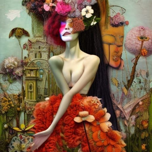 Fashion Lady in Yarn and Fabric Mixed Media