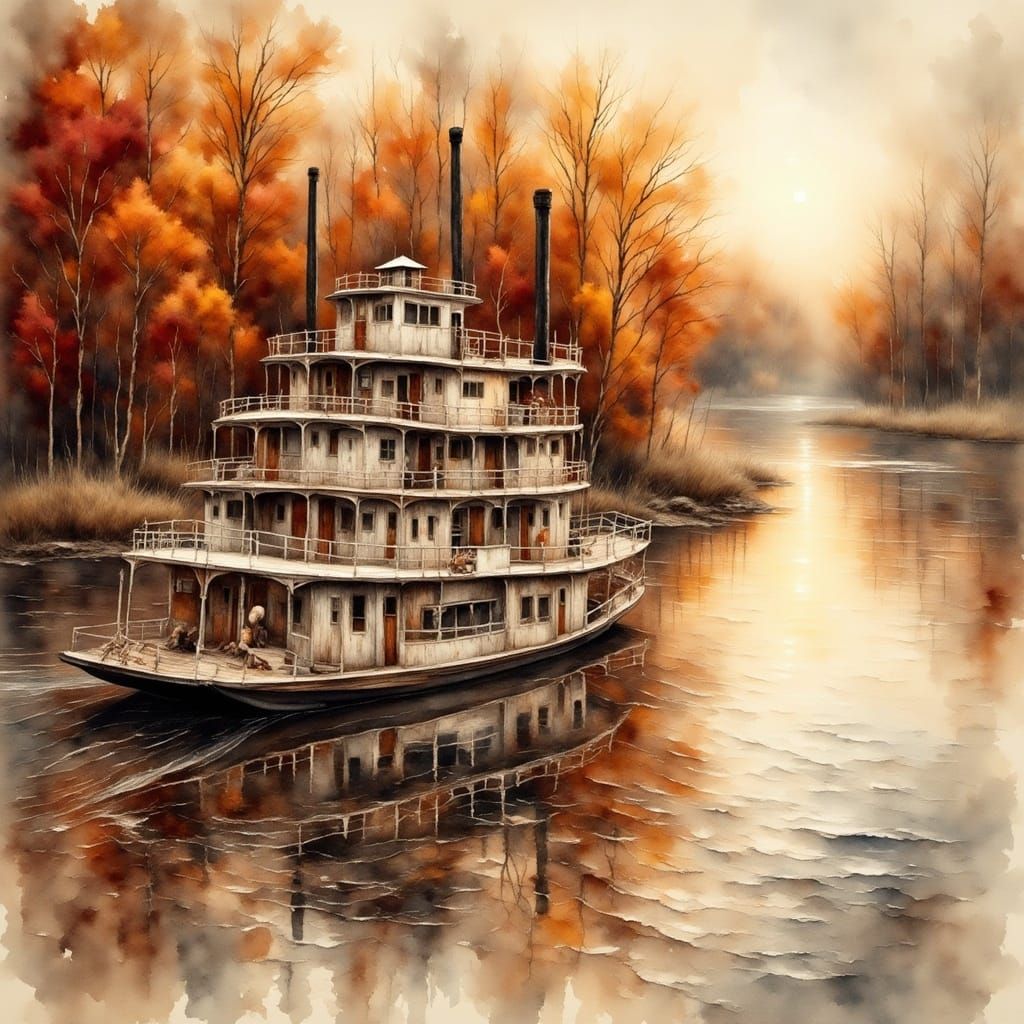 <lora:Antique Watercolor 2:1.1> old *paddle boat* on the mig...