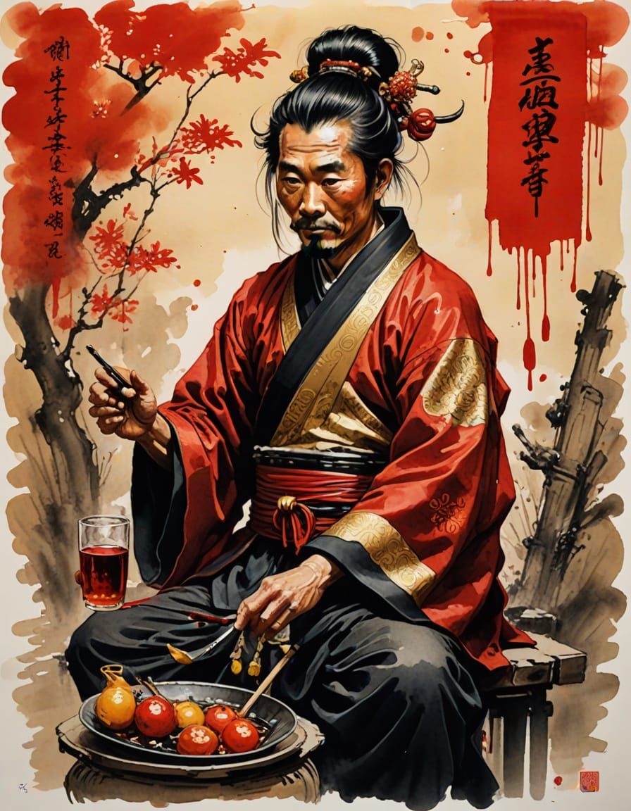 Ancient Chinese New Year Scene in Traditional Red and Gold I...