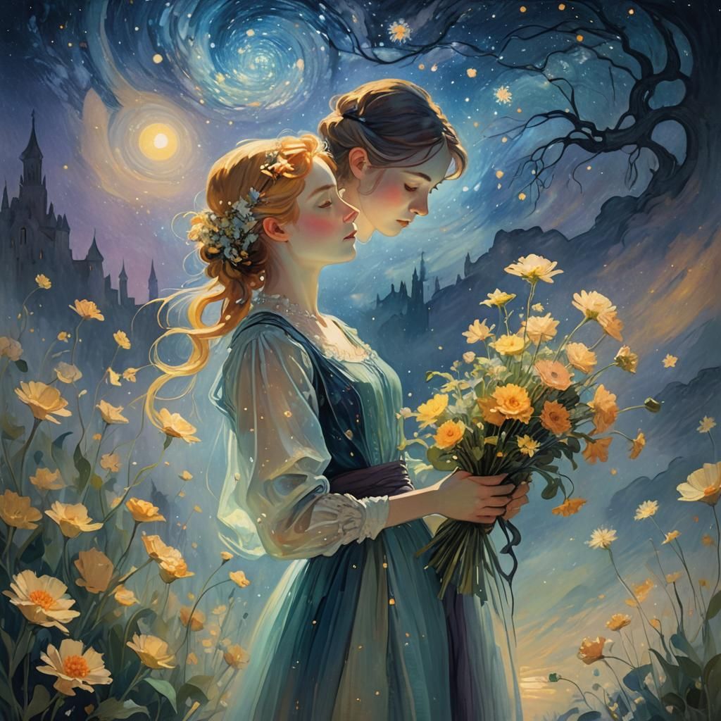 Ethereal Dreamscape: Woman Offers Flowers in Celestial Art