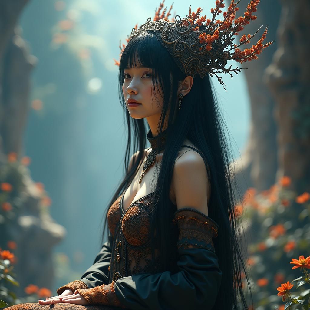 Ethereal Black Hair Model in Dreamlike Sci-Fi Landscape